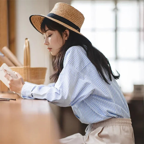 Women's French Striped Shirt – Oversized Blue & White Long Sleeve Blouse, Casual Spring Top